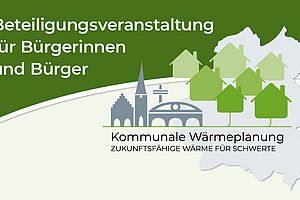 Grafik zur Beteiligungsveranstaltung für Bürgerinnen und Bürger zur kommunalen Wärmeplanung in Schwerte. Zu sehen sind stilisierte Häuser, Bäume und Wahrzeichen der Stadt vor einer Stadtkarte mit der Überschrift ‚Kommunale Wärmeplanung – zukunftsfähige Wärme für Schwerte‘.