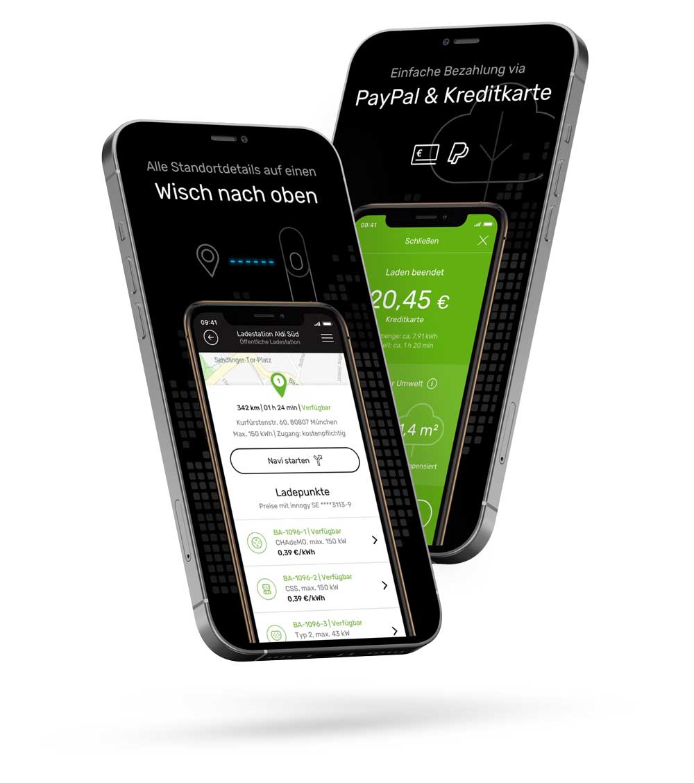 Drei Handybildschirme die einen Einblick in die eCharge+ - App geben.